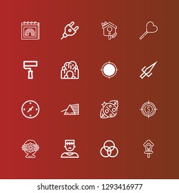 Editable 16 colorful icons for web and mobile. Set of colorful included icons line Bird house, Rgb, Monster, Flower basket, Target, Ladybird, Prism, Cardinal points, Sai on red