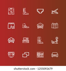 Editable 16 comfortable icons for web and mobile. Set of comfortable included icons line Sofa, Desk, Pillows, Diaper, Bench, Boot, Acrylic, Shorts on red