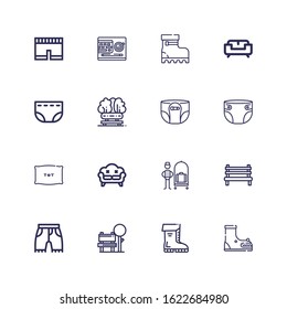Editable 16 comfortable icons for web and mobile. Set of comfortable included icons line Boot, Boots, Bench, Shorts, Bellhop, Sofa, Pillow, Diaper, Desk, Short on white background