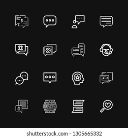 Editable 16 comment icons for web and mobile. Set of comment included icons line Favorites, Chat, Feedback, Favorite, Commentator, Blogger on black background