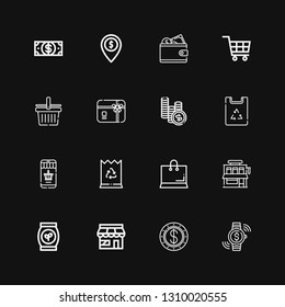 Editable 16 commerce icons for web and mobile. Set of commerce included icons line Investment, Dollar, Market, Bag, Shop, Shopping, Paper bag, Online shopping on black background