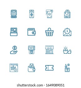 Editable 16 commerce icons for web and mobile. Set of commerce included icons line Coins, Coupon, Wallet, Online shop, Money, Shop, Atm, Dollar, Invoice, Basket on white background