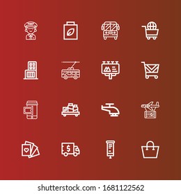 Editable 16 commercial icons for web and mobile. Set of commercial included icons line Shopping bag, Roll up, Truck, Cards, Plane, Helicopter, Shelf, Online shop, Shopping cart on red