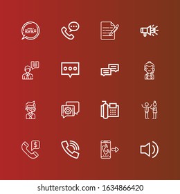 Editable 16 communicate icons for web and mobile. Set of communicate included icons line Audio, Call, Discussion, Fax, Chat, Call center, Megaphone, Write, Phone call on red