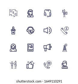 Editable 16 comunica iconos para web y móvil. Conjunto de iconos de línea de comunicación, incluidos: Centro de llamadas, Thumbs up, Discussion, Tower, Megaphone, Propaganda, Call on White Background