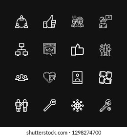 Editable 16 community icons for web and mobile. Set of community included icons line Wrench, Networking, Equality, Teamwork, Influencer, Donation, Like, Network on black background