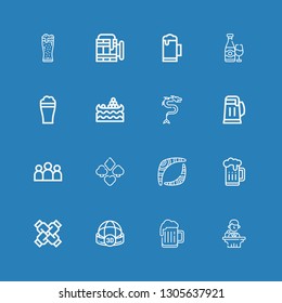 Editable 16 Company Icons For Web And Mobile. Set Of Company Included Icons Line Conference, Beer, Sphere, United, Boomerang, Suit, Group, Dragon, Water Market On Blue Background