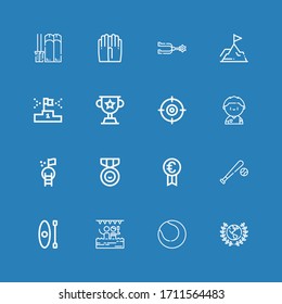Editable 16 competition icons for web and mobile. Set of competition included icons line Award, Tennis, Pool, Kayak, Baseball, Prize, Medal, Goal, Soccer player on blue background