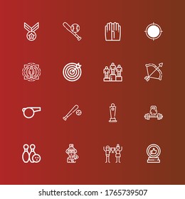 Editable 16 competition icons for web and mobile. Set of competition included icons line Trophy, Triumph, Skier, Bowling, Weightlifting, Award, Baseball, Whistle, Archery on red