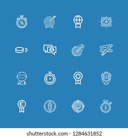 Editable 16 competitive icons for web and mobile. Set of competitive included icons line Stopwatch, Target, Prize, Soccer player, Stick, Dartboard, Puck on blue background