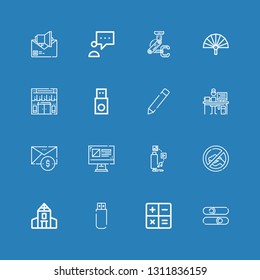 Editable 16 computer icons for web and mobile. Set of computer included icons line Sliders, Calculate, Usb, School, Signal, Tv, Online shop, Email, Programmer on blue background