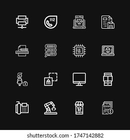 Editable 16 computer icons for web and mobile. Set of computer included icons line File, Market, Robot, Fax, Ereader, Screen, Graphic design, Dismissed, Laptop on black background