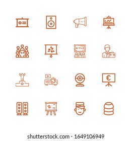 Editable 16 conference icons for web and mobile. Set of conference included icons line Training, Bellboy, Whiteboard, Speaker, Presentation, Webcam, Projector on white background