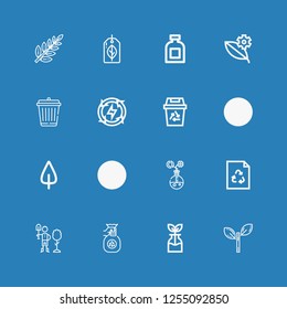 Editable 16 conservation icons for web and mobile. Set of conservation included icons line Leaf, Reuse, Throw, Reforestation, Recycle, Energy, Recycling, Garbage on blue background