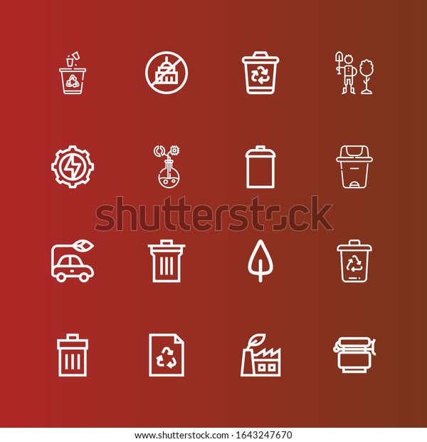 Editable 16\
conservation icons for web and mobile. Set of conservation included\
icons line Jar, Green power, Recycle, Trash, Trash bin, Leaf, Bin,\
Electric car, Trash can on\
red