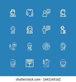 Editable 16 consultant icons for web and mobile. Set of consultant included icons line Receptionist, Review, Suit, Call center, User, Operator, Headset on blue background