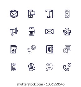Editable 16 contact icons for web and mobile. Set of contact included icons line Phone call, Telephone, Customer service, Smartphone, Chat, Contact book, Mail on white background