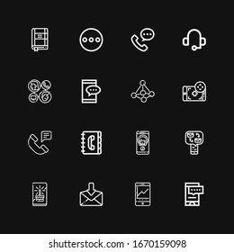 Editable 16 contact icons for web and mobile. Set of contact included icons line Smartphone, Visitor, Mail, Card, Messages, Call, Contact book, Phone, on black background