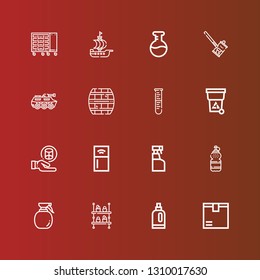 Editable 16 container icons for web and mobile. Set of container included icons line Package, Detergent, Shelf, Spray, Water, Cleaning spray, Refrigerator, Cylinder, Trash on red