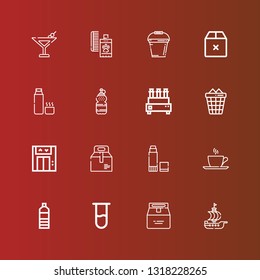 Editable 16 container icons for web and mobile. Set of container included icons line Ship, Package, Test tube, Water bottle, Cup, Glue, Take away, Lift, Trash can, Water on red