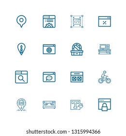 Editable 16 contemporary icons for web and mobile. Set of contemporary included icons line Browser, Background, Coffee machine, Location, Cycling, Desk, Dressing table on white background
