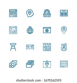 Editable 16 contemporary icons for web and mobile. Set of contemporary included icons line Browser, Instant camera, Coffee machine, Stool, Location, Dressing table on white background