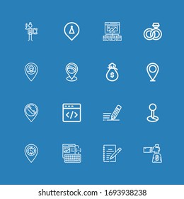 Editable 16 iconos de contenido para web y móvil. Conjunto de contenido incluido iconos línea Bolso de dinero, Escritura, Marco alambrado, Marcador de posición, Escritura, Html, Compromiso en fondo azul