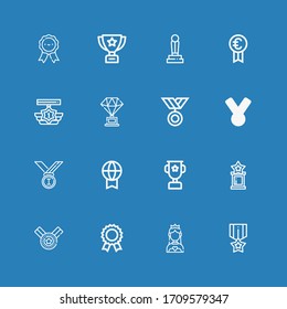 Editable 16 contest icons for web and mobile. Set of contest included icons line Medal, Miss world, Prize, Trophy, Medals on blue background