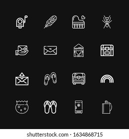 Editable 16 contour icons for web and mobile. Set of contour included icons line Hip flask, Freezer, Sandals, Bowl, Rainbow, Chest, Mail, Curtain, Envelope on black background