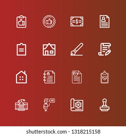 Editable 16 contract icons for web and mobile. Set of contract included icons line Stamp, Document, Greeting, Courthouse, Clipboard, CV, Contract, Real estate, Signature on red
