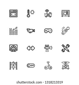 Editable 16 control icons for web and mobile. Set of control included icons line Drone, Game, Off, Metal detector, Configuration, Video, Resize, Speed, Controller on white background