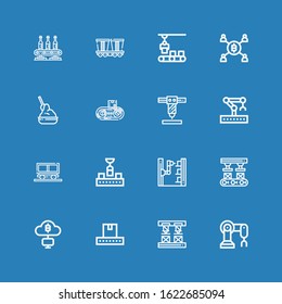 Editable 16 conveyor icons for web and mobile. Set of conveyor included icons line Robot arm, Conveyor, Mining, Mine, Robotic arm, Yeast on blue background