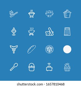 Editable 16 cook icons for web and mobile. Set of cook included icons line Cupcake, Toaster, Pot, Spoon, Knife, Tofu, Bread, Sausage, Grater, Barbecue, Hot pot on blue background