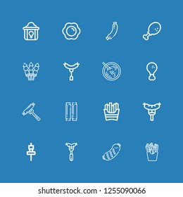 Editable 16 cooked icons for web and mobile. Set of cooked included icons line French fries, Sausage, Skewer, Fried chicken, Sour soup, Chicken leg, Fried egg on blue background