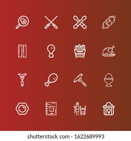 Editable 16 cooked icons for web and mobile. Set of cooked included icons line Fried chicken, Tandoor, Recipe book, Fried egg, Boiled egg, Sausage, Chicken leg, Roast chicken on red