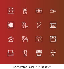 Editable 16 cooker icons for web and mobile. Set of cooker included icons line Chef, Oven, Blender, Toaster, Hob, Burner, Cooker, Extractor, Pan, Stove on red