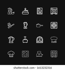 Editable 16 cooker icons for web and mobile. Set of cooker included icons line Stove, Toaster, Hob, Chef, Oven, Blender, Extractor, Pan, Flambe, Cook, Burner on black background