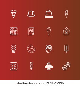Editable 16 cookie icons for web and mobile. Set of cookie included icons line Biscuit, Macaron, Ice cream, Cracker, Stroopwafel, Cookie, Dessert, Jelly on red
