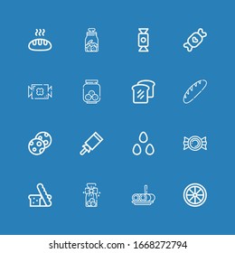 Editable 16 cookies icons for web and mobile. Set of cookies included icons line Candy, Roll cake, Cookies, Bread, Candies on blue background