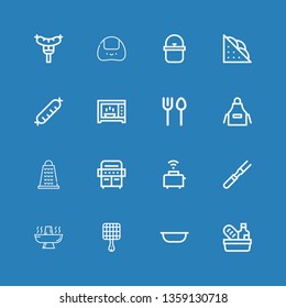 Editable 16 cooking icons for web and mobile. Set of cooking included icons line Food, Bowl, Grill, Hot pot, Meat, Toaster, Grater, Apron, Cutlery, Microwave on blue background