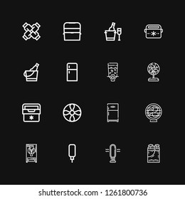 Editable 16 cooler icons for web and mobile. Set of cooler included icons line Ice bucket, Fan, Water dispenser, Freezer, Refrigerator, Propeller, Fridge, Dispenser on black background