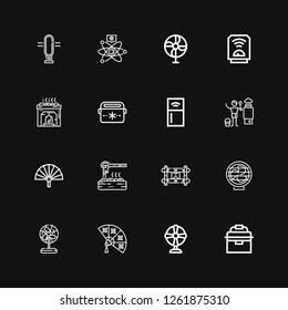 Editable 16 cooling icons for web and mobile. Set of cooling included icons line Portable fridge, Fan, Wall bracket, Heater, Refrigerator, Cold fusion on black background