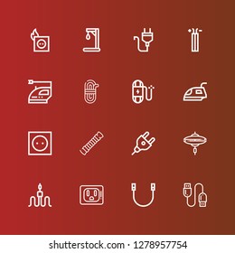 Editable 16 cord icons for web and mobile. Set of cord included icons line Usb cable, Rope, Socket, Cable, Cymbal, Plug, Iron, Wire, Gallow on red