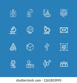 Editable 16 corporate icons for web and mobile. Set of corporate included icons line Group, Symbol, Employee, Operator, d, Staff, d cube, Triangle, Letter, Microscope on blue background