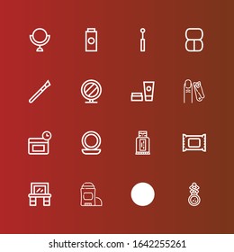 Editable 16 cosmetics icons for web and mobile. Set of cosmetics included icons line Mirror, Eco oil, Deodorant, Vanity, Makeup remover, Sunblock, Anti age, Nail clippers on red