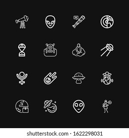 Editable 16 cosmos icons for web and mobile. Set of cosmos included icons line Lullaby, Alien, Ufo, Planet, Ovni, Meteorite, Pluto, Sputnik, Astral, Space capsule on black background