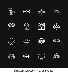 Editable 16 costume icons for web and mobile. Set of costume included icons line Mask, Devil mask, Ghost, Eye mask, Suit, Clown, Cowboy hat, Actor on black background