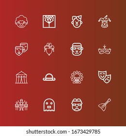 Editable 16 costume icons for web and mobile. Set of costume included icons line Balalaika, Frankenstein, Ghost, Superhero, Theatre mask, Clown, Bowler, Circus, Mask, Cowboy hat on red