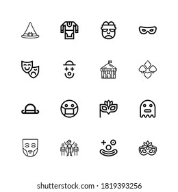 Editable 16 costume icons for web and mobile. Set of costume included icons line Eye mask, Clown, Superhero, Mask, Ghost, Bowler, Suit, Circus, Theatre mask on white background