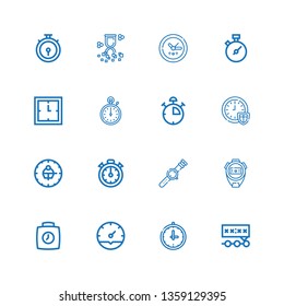 Editable 16 countdown icons for web and mobile. Set of countdown included icons line Deadline, Clock, Stopwatch, Watch, Stopclock, Time, Stop watch, Chronometer on white background